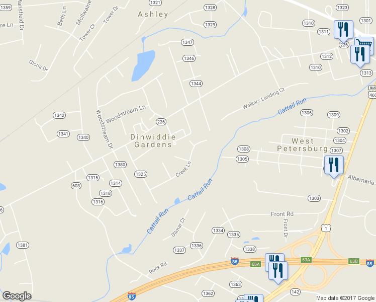 map of restaurants, bars, coffee shops, grocery stores, and more near 25006 Creek Lane in North Dinwiddie