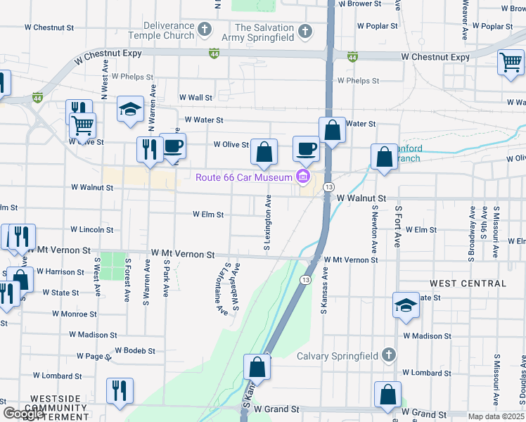 map of restaurants, bars, coffee shops, grocery stores, and more near 1816 West Elm Street in Springfield