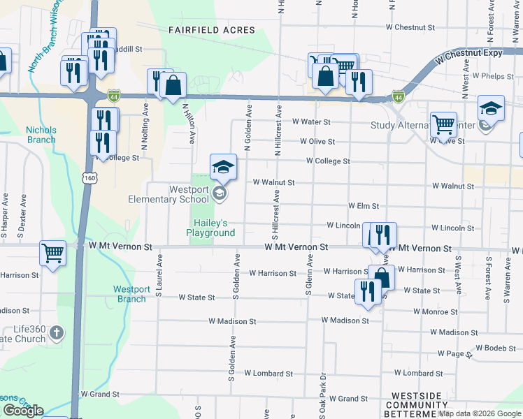 map of restaurants, bars, coffee shops, grocery stores, and more near 3045 West Lincoln Street in Springfield