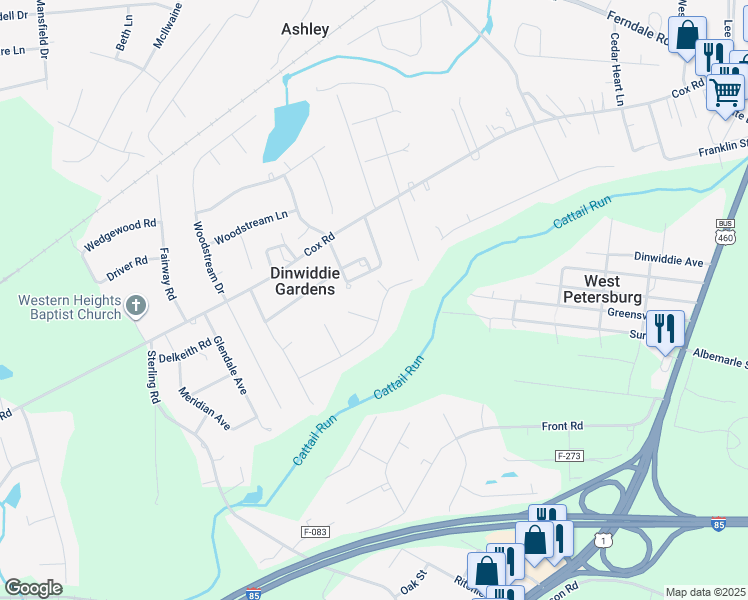 map of restaurants, bars, coffee shops, grocery stores, and more near 25006 Creek Lane in North Dinwiddie