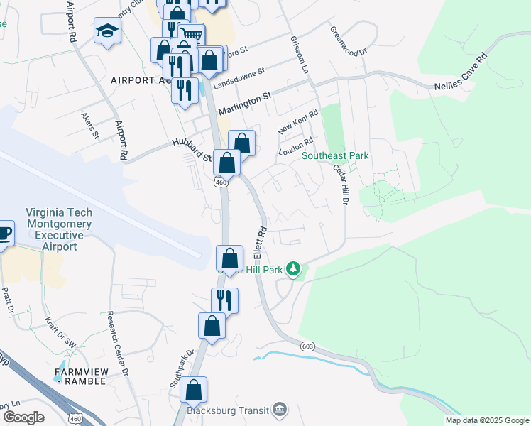 map of restaurants, bars, coffee shops, grocery stores, and more near 318 Ellett Road in Blacksburg
