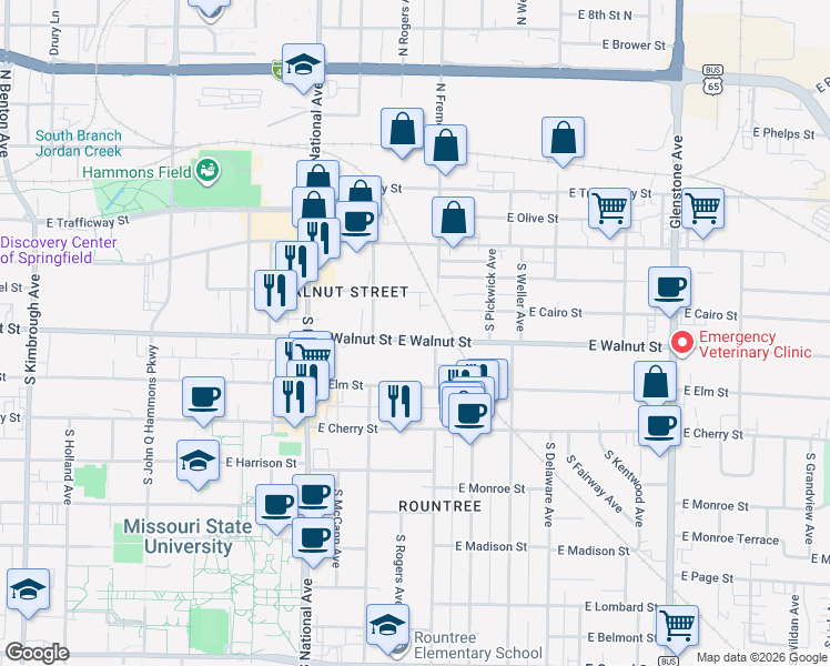 map of restaurants, bars, coffee shops, grocery stores, and more near 413 South Fremont Avenue in Springfield