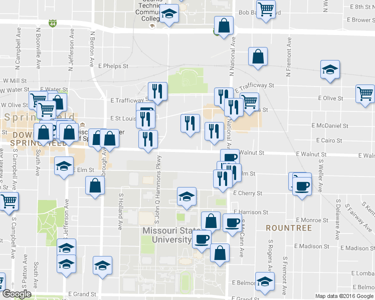 map of restaurants, bars, coffee shops, grocery stores, and more near 1030 East Walnut Street in Springfield