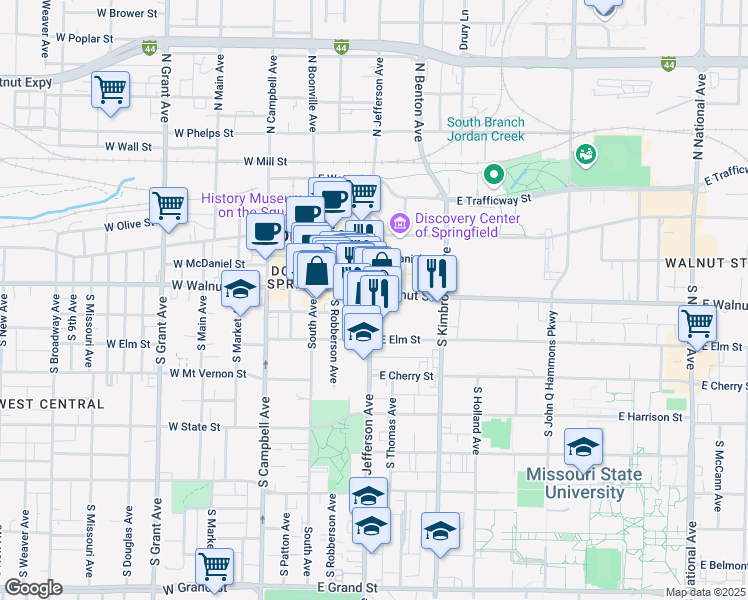 map of restaurants, bars, coffee shops, grocery stores, and more near 434 South Jefferson Avenue in Springfield