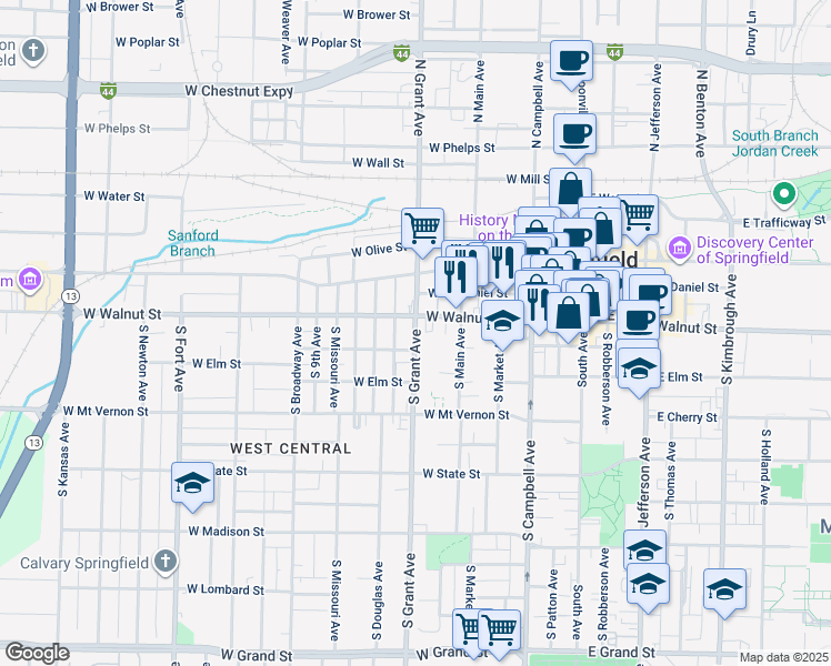 map of restaurants, bars, coffee shops, grocery stores, and more near 446 South Grant Avenue in Springfield