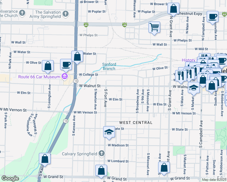 map of restaurants, bars, coffee shops, grocery stores, and more near 1233 West Elm Street in Springfield