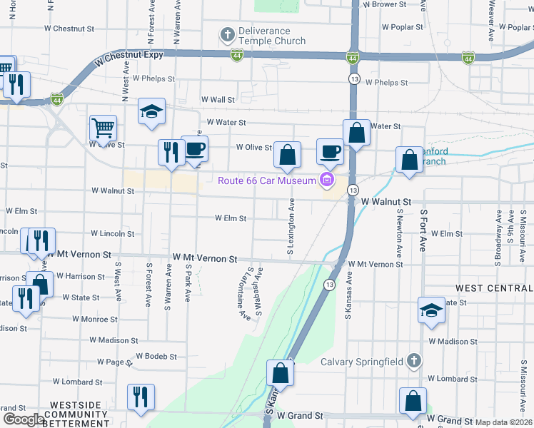 map of restaurants, bars, coffee shops, grocery stores, and more near 1907 West Elm Street in Springfield