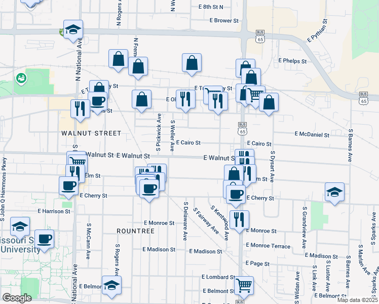 map of restaurants, bars, coffee shops, grocery stores, and more near 1603 East Walnut Street in Springfield