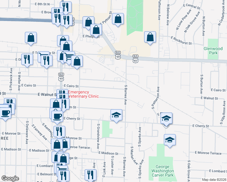 map of restaurants, bars, coffee shops, grocery stores, and more near 2101 East Walnut Street in Springfield