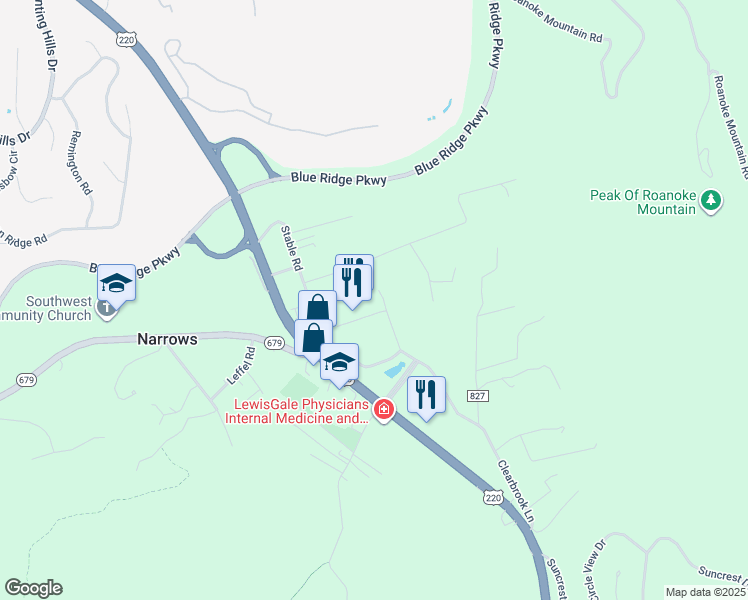 map of restaurants, bars, coffee shops, grocery stores, and more near 5250 Clearbrook Village Lane in Roanoke