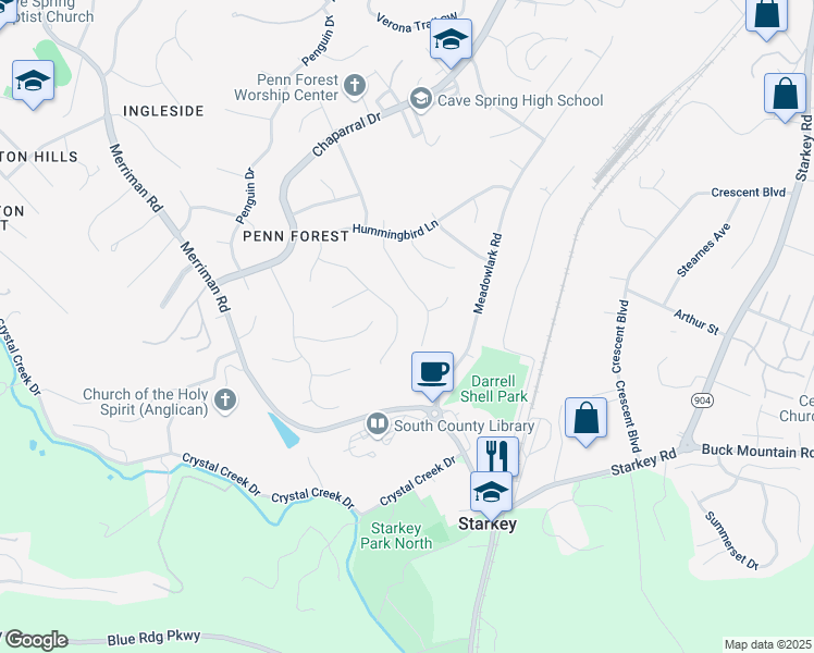 map of restaurants, bars, coffee shops, grocery stores, and more near 2657 Mallard Dr in Roanoke