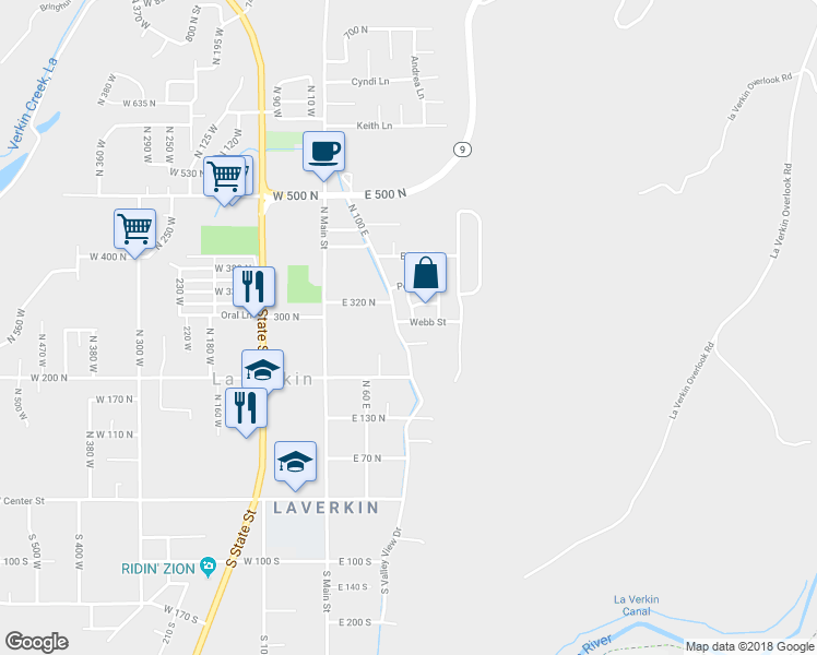 map of restaurants, bars, coffee shops, grocery stores, and more near 31 Webb in La Verkin