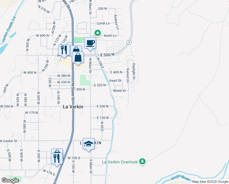map of restaurants, bars, coffee shops, grocery stores, and more near 31 Webb in La Verkin