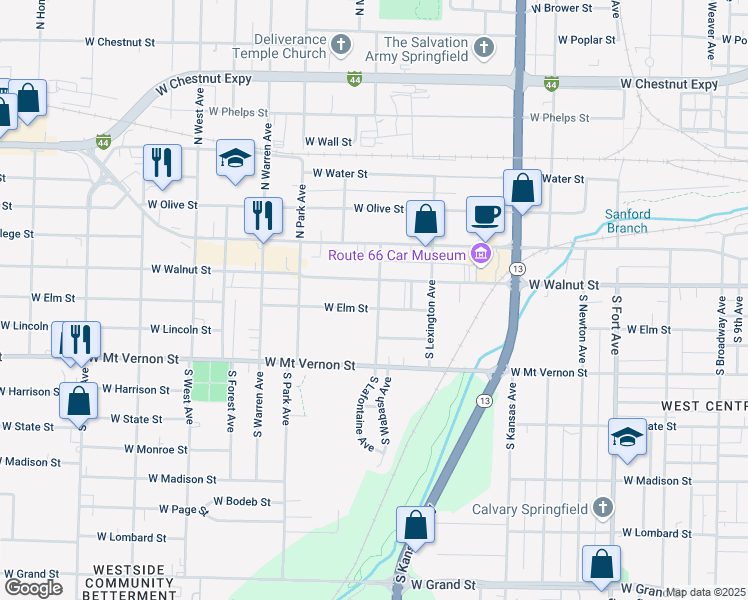 map of restaurants, bars, coffee shops, grocery stores, and more near 2000 West Walnut Street in Springfield