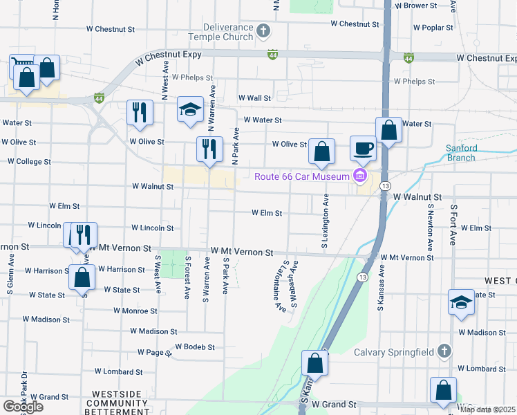 map of restaurants, bars, coffee shops, grocery stores, and more near 2105 West Elm Street in Springfield