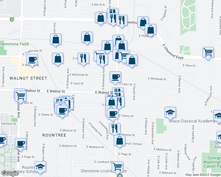 map of restaurants, bars, coffee shops, grocery stores, and more near 1727 East Walnut Street in Springfield
