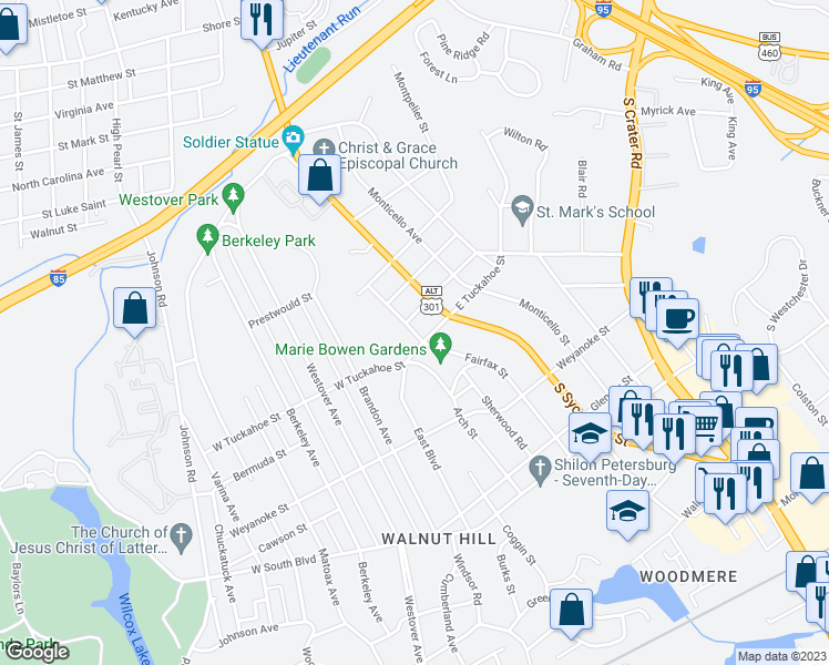 map of restaurants, bars, coffee shops, grocery stores, and more near 1711 Fairfax Street in Petersburg
