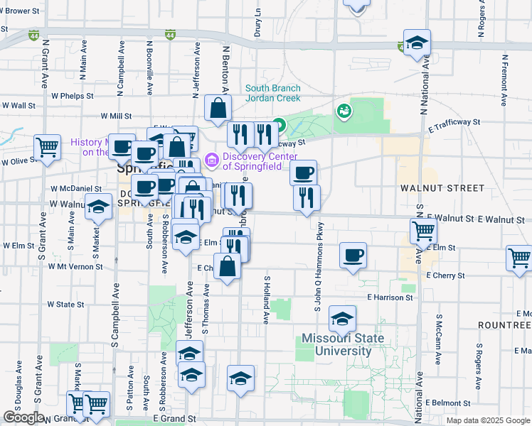 map of restaurants, bars, coffee shops, grocery stores, and more near 652 East Walnut Street in Springfield