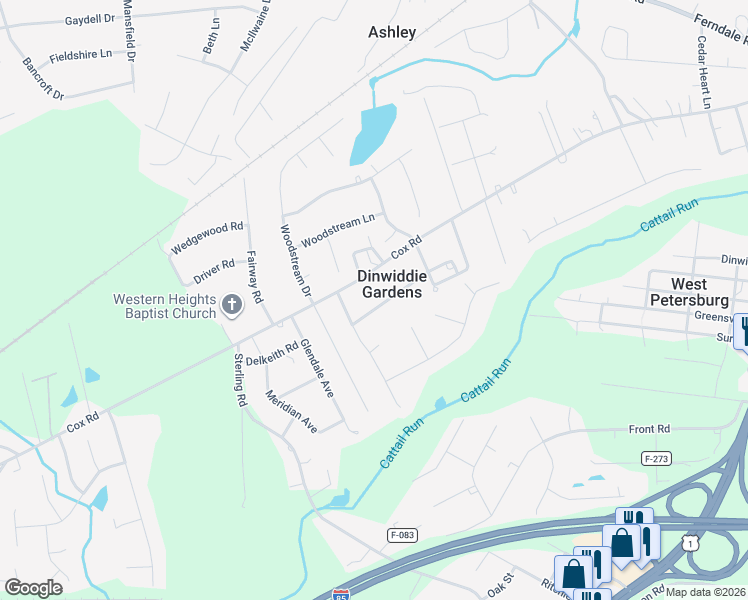 map of restaurants, bars, coffee shops, grocery stores, and more near 24800 Cox Road in Petersburg