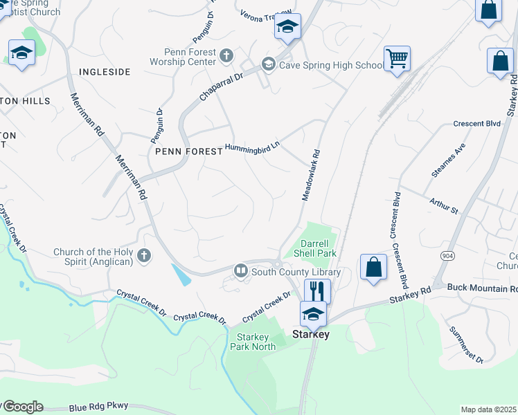 map of restaurants, bars, coffee shops, grocery stores, and more near 2657 Mallard Dr in Roanoke