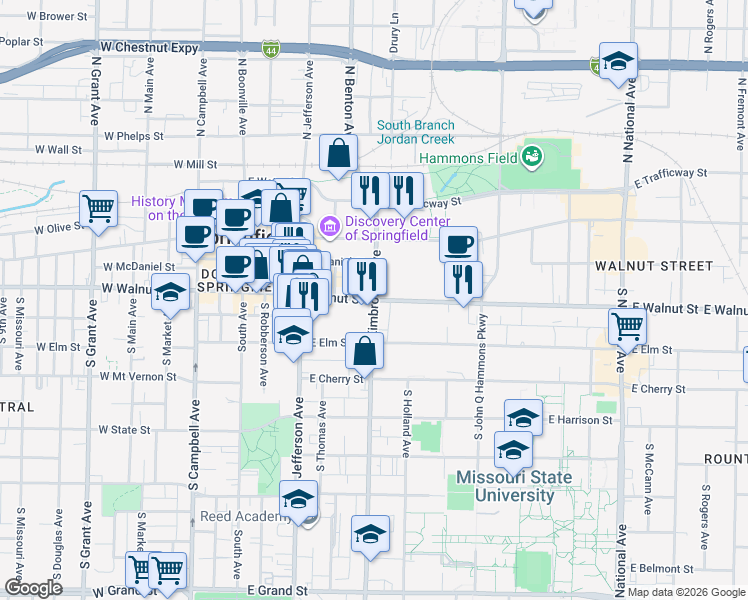 map of restaurants, bars, coffee shops, grocery stores, and more near E Walnut St & S Kimbrough Ave in Springfield