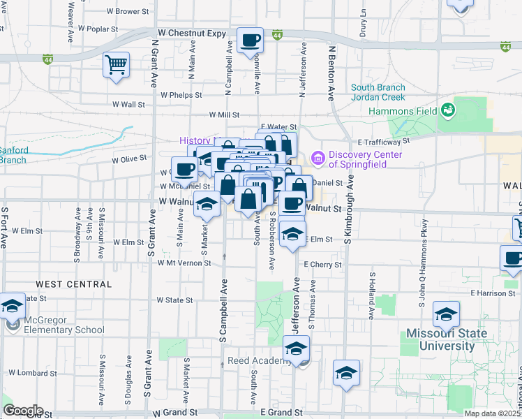 map of restaurants, bars, coffee shops, grocery stores, and more near in Springfield
