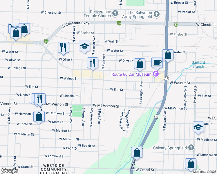 map of restaurants, bars, coffee shops, grocery stores, and more near 2136 West Walnut Street in Springfield