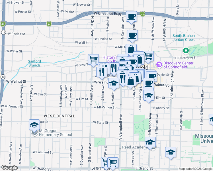 map of restaurants, bars, coffee shops, grocery stores, and more near 524 West Walnut Street in Springfield