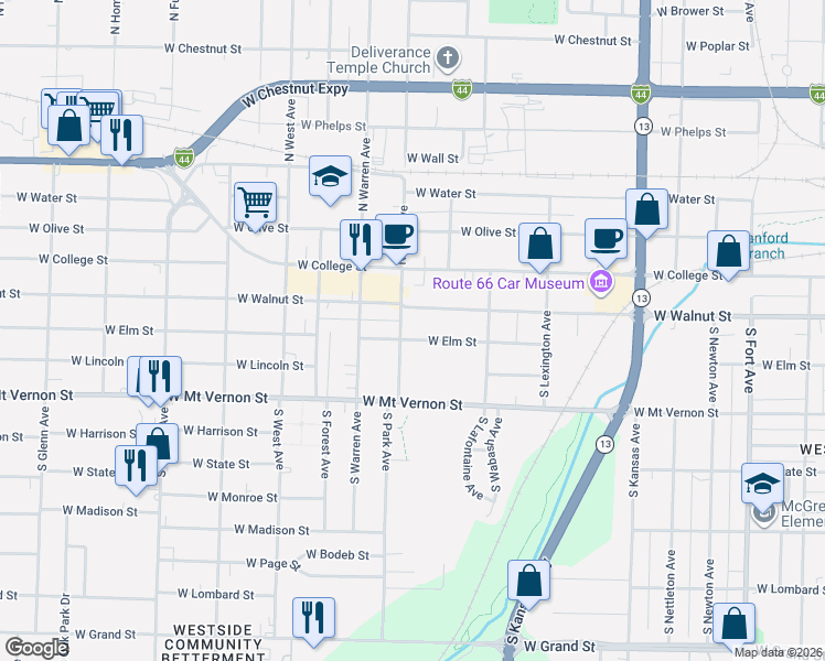 map of restaurants, bars, coffee shops, grocery stores, and more near 2136 West Walnut Street in Springfield