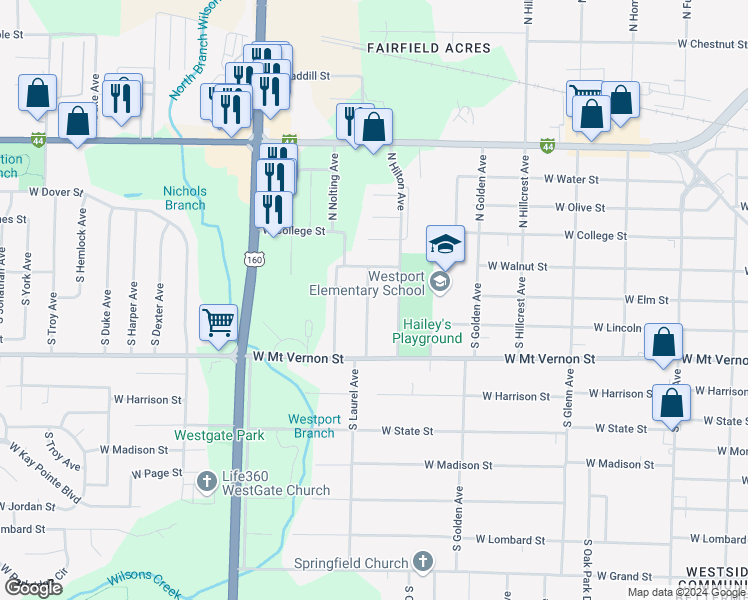 map of restaurants, bars, coffee shops, grocery stores, and more near 442 South Laurel Avenue in Springfield