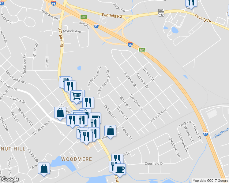 map of restaurants, bars, coffee shops, grocery stores, and more near 2004 Bishop Street in Petersburg