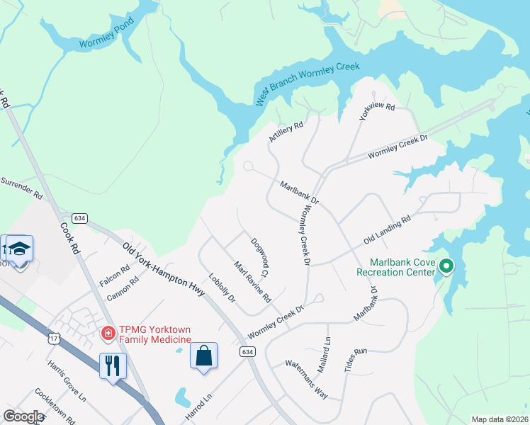 map of restaurants, bars, coffee shops, grocery stores, and more near 111 Artillery Road in Yorktown
