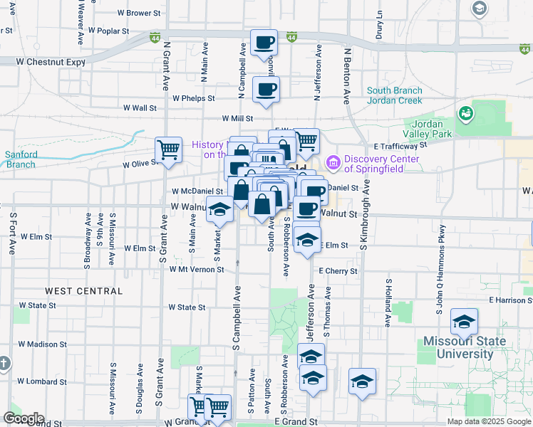 map of restaurants, bars, coffee shops, grocery stores, and more near in Springfield