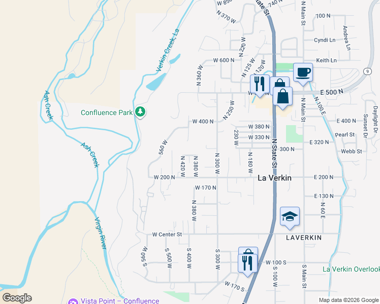 map of restaurants, bars, coffee shops, grocery stores, and more near 394 West 280 North in La Verkin