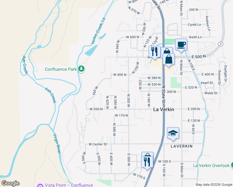 map of restaurants, bars, coffee shops, grocery stores, and more near 394 West 280 North in La Verkin