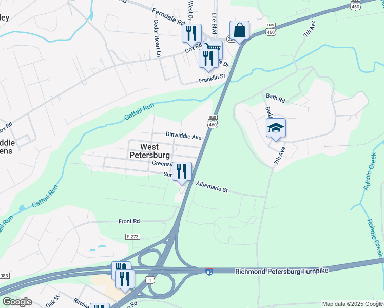 map of restaurants, bars, coffee shops, grocery stores, and more near 25820 Brunswick Avenue in Petersburg