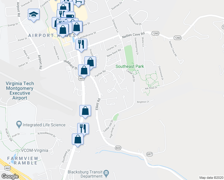 map of restaurants, bars, coffee shops, grocery stores, and more near 400 Fairfax Road in Blacksburg