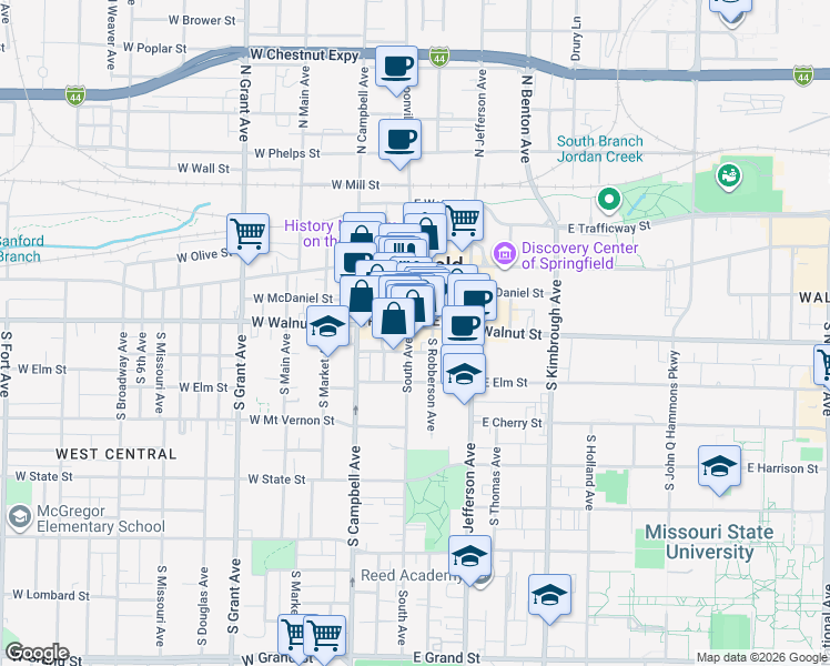 map of restaurants, bars, coffee shops, grocery stores, and more near in Springfield