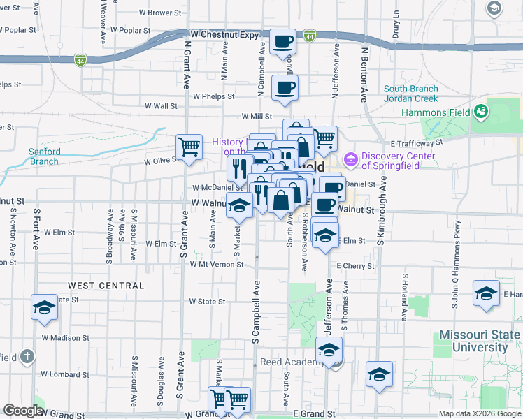 map of restaurants, bars, coffee shops, grocery stores, and more near 322 South Campbell Avenue in Springfield