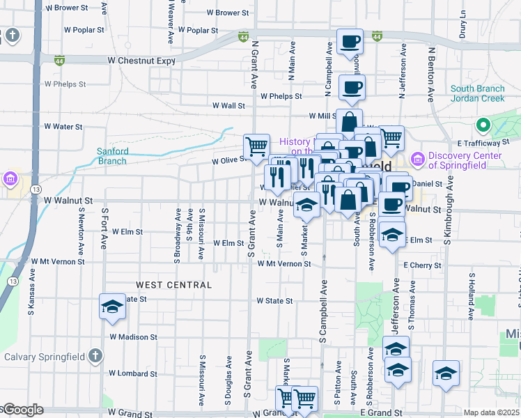 map of restaurants, bars, coffee shops, grocery stores, and more near 639 West Walnut Street in Springfield