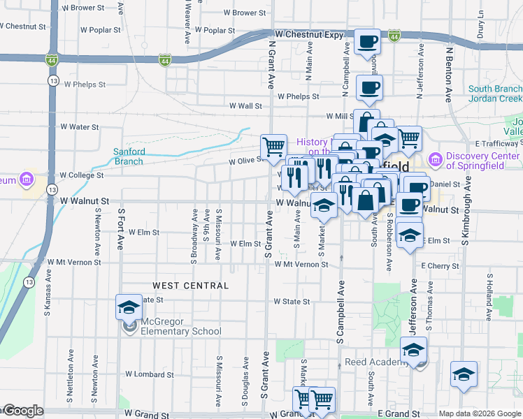 map of restaurants, bars, coffee shops, grocery stores, and more near 735 West Walnut Street in Springfield