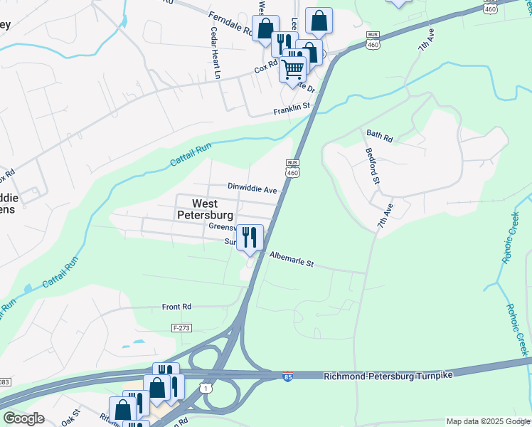 map of restaurants, bars, coffee shops, grocery stores, and more near 25820 Brunswick Avenue in Petersburg
