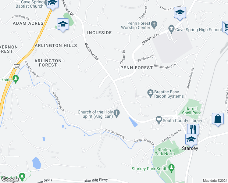 map of restaurants, bars, coffee shops, grocery stores, and more near 5941 Merriman Road in Cave Spring