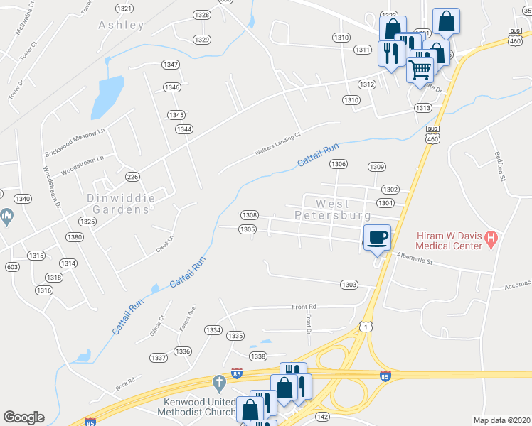 map of restaurants, bars, coffee shops, grocery stores, and more near 25420 Greensville Avenue in Petersburg