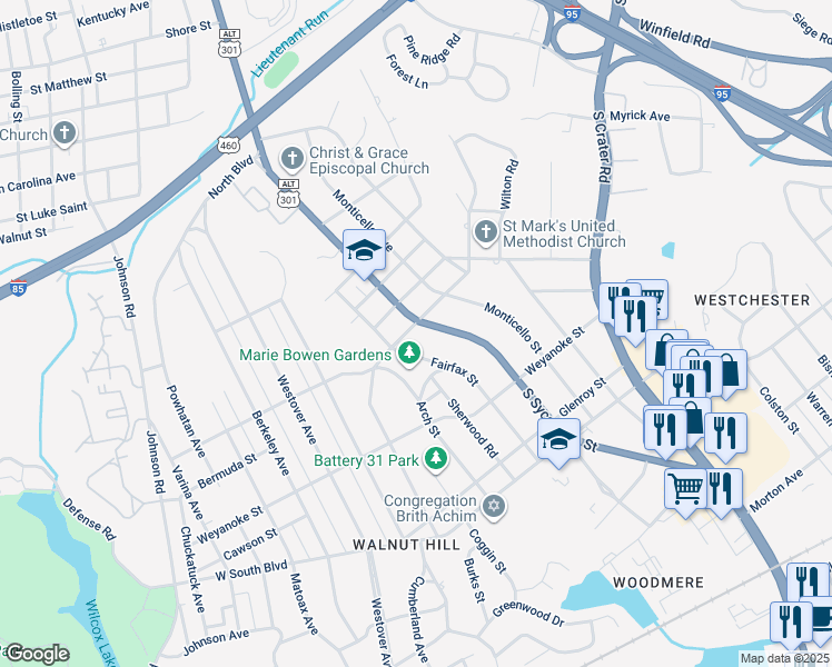 map of restaurants, bars, coffee shops, grocery stores, and more near 1720 South Sycamore Street in Petersburg