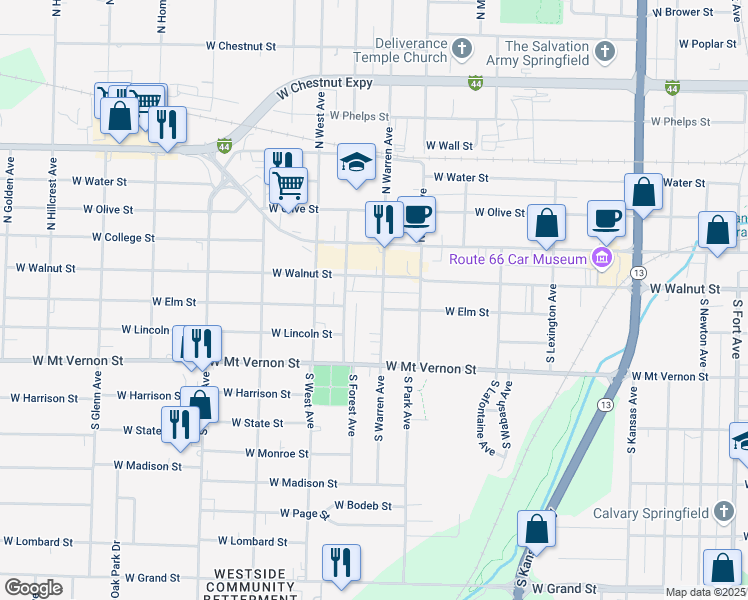 map of restaurants, bars, coffee shops, grocery stores, and more near 2322 West Walnut Street in Springfield