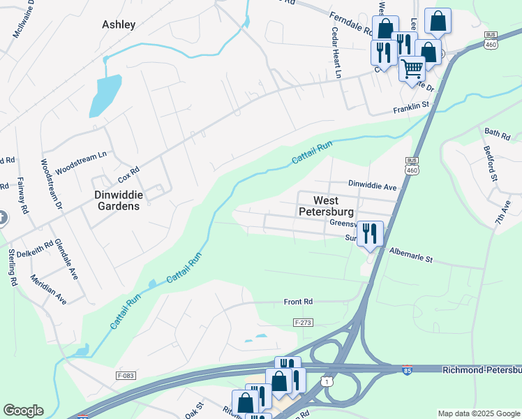 map of restaurants, bars, coffee shops, grocery stores, and more near 25420 Greensville Avenue in Petersburg
