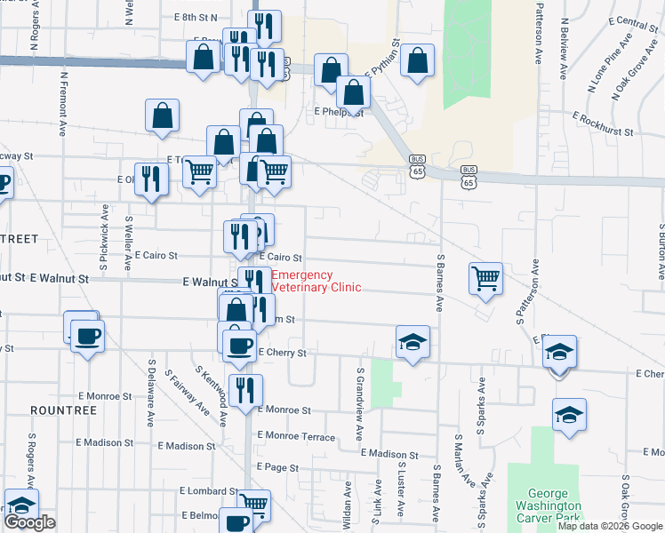 map of restaurants, bars, coffee shops, grocery stores, and more near 1935 East Cairo Street in Springfield