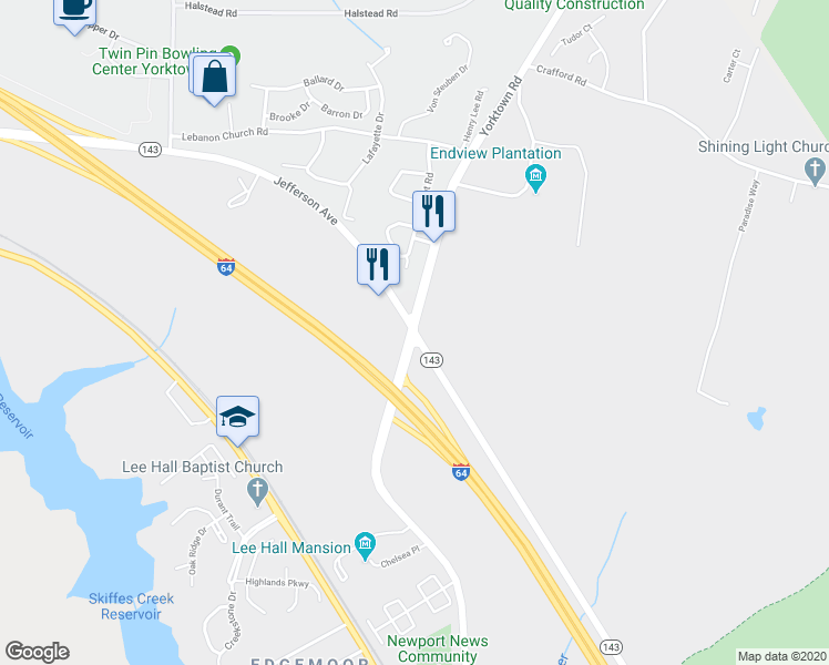 map of restaurants, bars, coffee shops, grocery stores, and more near Yorktown Road in Newport News