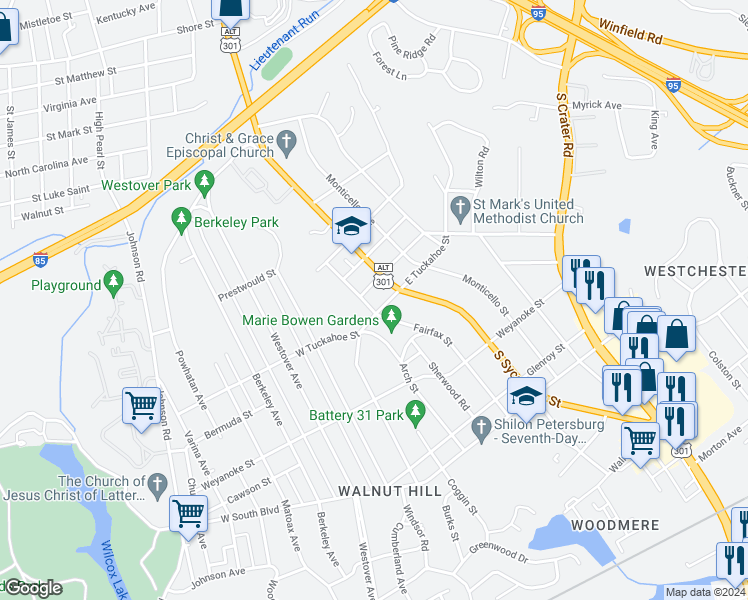 map of restaurants, bars, coffee shops, grocery stores, and more near 1711 Fairfax Street in Petersburg